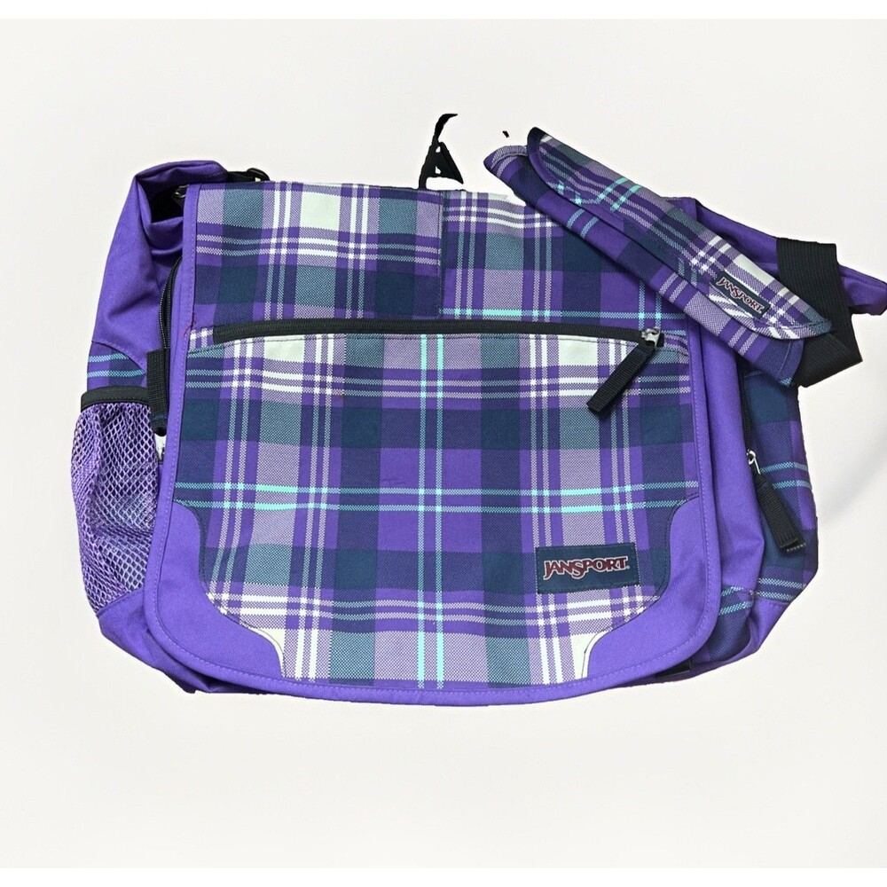 Jansport Crossbody Messenger / Laptop Bag Tote 16” x 13" Purple Plaid New